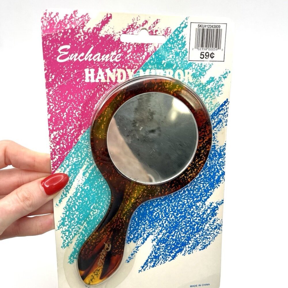 Vintage 80s Enchanté Paris Hand Mirror Sealed Retro Amber Faux Tortoiseshell